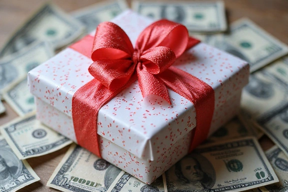 Gift box with a digital ribbon and money symbols