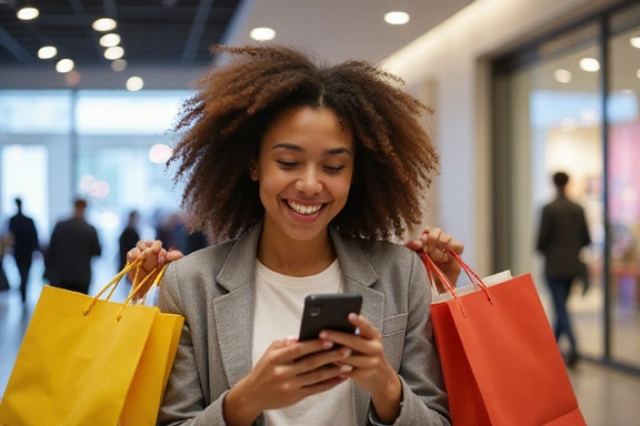 Person happily shopping with a smartphone