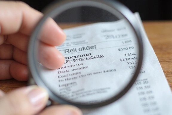 Person holding a magnifying glass over a receipt with a discount visible