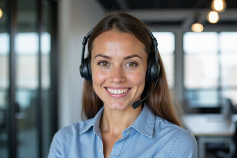 A friendly customer service representative smiling while wearing a headset.