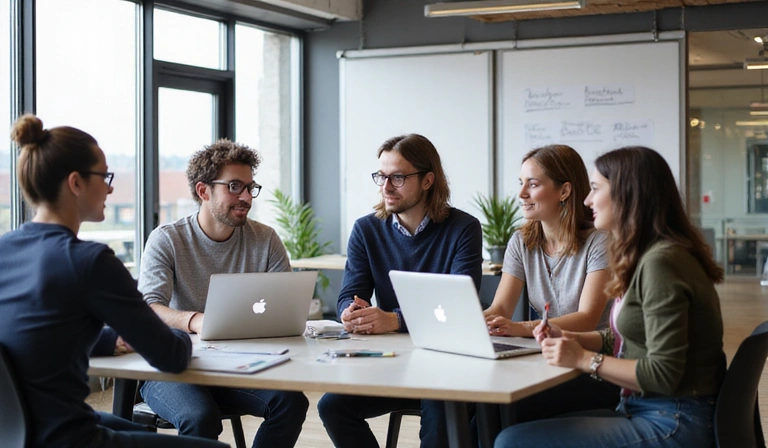 People collaborating and discussing in a modern office environment