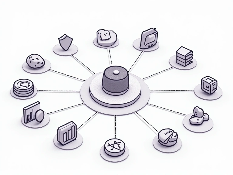 A detailed illustration of various types of cookies, with some represented as digital icons (e.g., a shield for security, a magnifying glass for analytics) and others as small physical cookie shapes, all connected by faint digital lines to a central website icon.