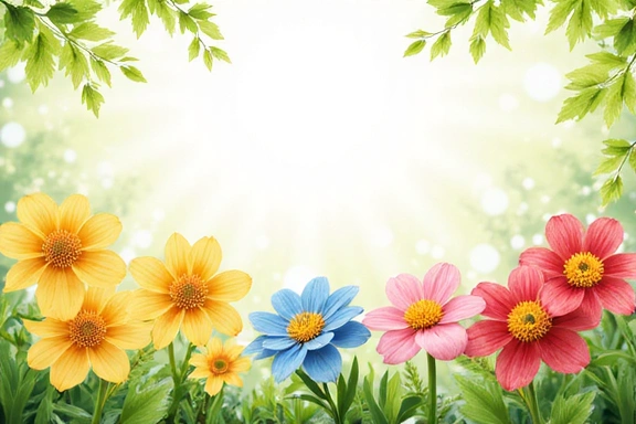 Spring flowers blooming with fresh green leaves