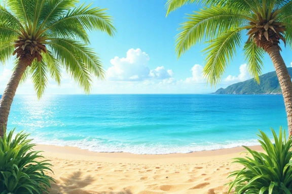 Sunny beach scene with clear blue water and palm trees
