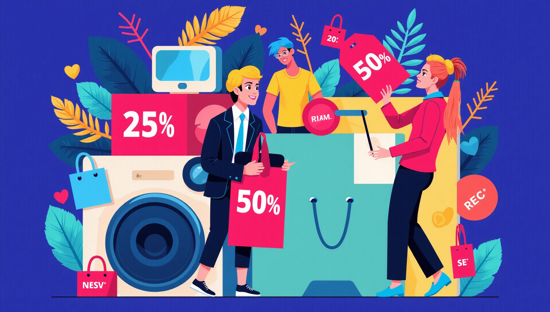 Vibrant abstract illustration of various shopping items with glowing discount tags