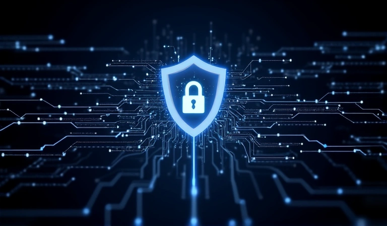 Abstract representation of data security, with a shield icon and flowing secure data streams