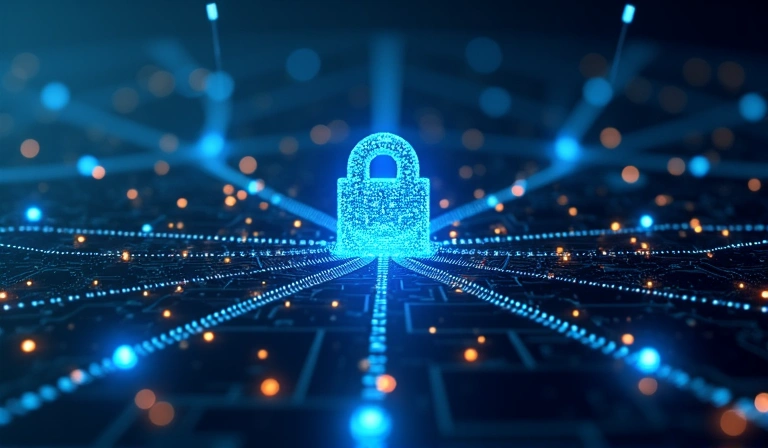 Digital data flowing securely through networks, representing data collection and privacy