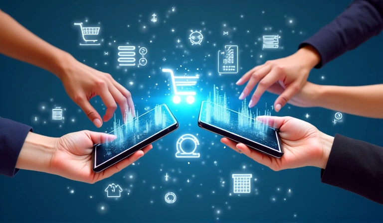 Diverse hands interacting with digital devices, showcasing various aspects of data usage like shopping, communication, and analytics