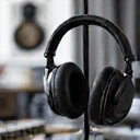 A pair of high-quality noise-cancelling headphones in a sleek black design, resting on a minimalist stand. The background is a blurred, modern music studio or workspace. No text.
