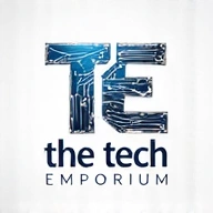 The Tech Emporium Logo - a sleek, modern, abstract logo featuring interconnected circuit lines forming a stylized 'T' and 'E', symbolizing technology and connectivity, in vibrant blue and silver colors.